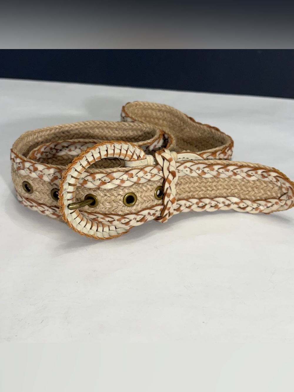 Abercrombie & Fitch Braided Woven Hemp & White Leather Belt Size Small Vintage